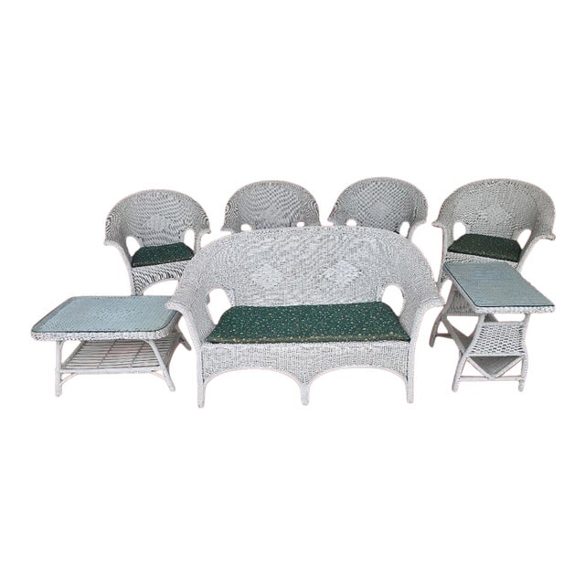 Vintage Coastal White Wicker 7-Piece Conversation Set With Loveseat, Four Chairs & Glass Top Tables For Sale