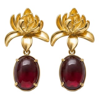 Lotus Garnet Drop Earrings, Pair For Sale
