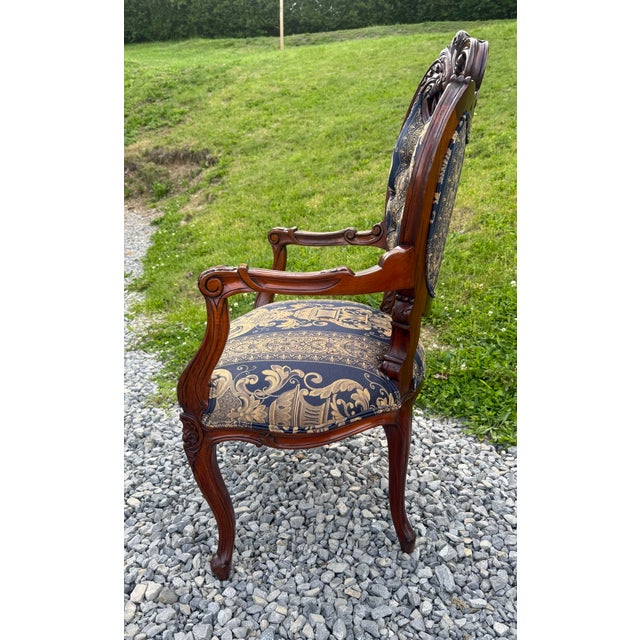 Navy Blue Pair Antique French Rococo Fireside Arm Chairs For Sale - Image 8 of 12