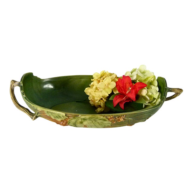 Vintage 1940s Roseville Pottery "Bushberry" Green Console Bowl Shape 417-14" For Sale