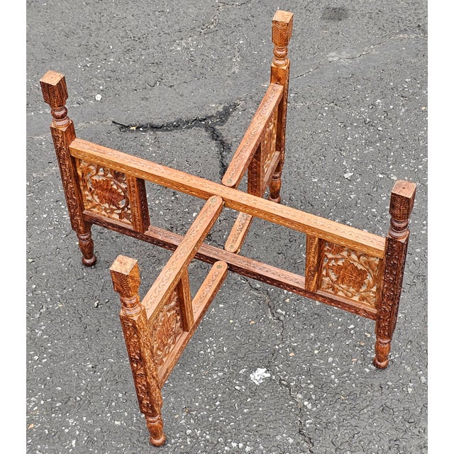 Mid 20th Century Middle Eastern Carved Teak and Etched Brass Folding Tray Table For Sale - Image 12 of 14