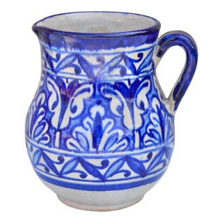 Early 20th Century Handmade Andalusian Ceramic Pitcher Accent W/ Blue Hues For Sale