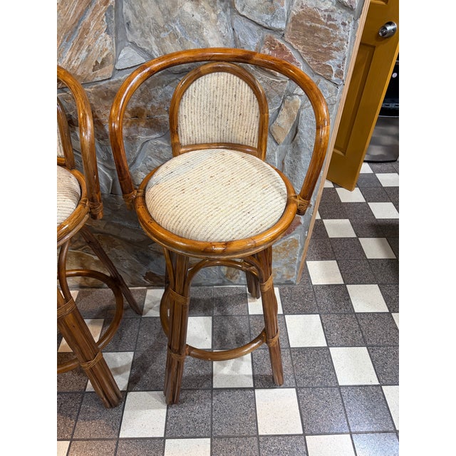 Set of 4 Vintage Boho Coastal Rattan Swivel Bar Stools For Sale - Image 6 of 10