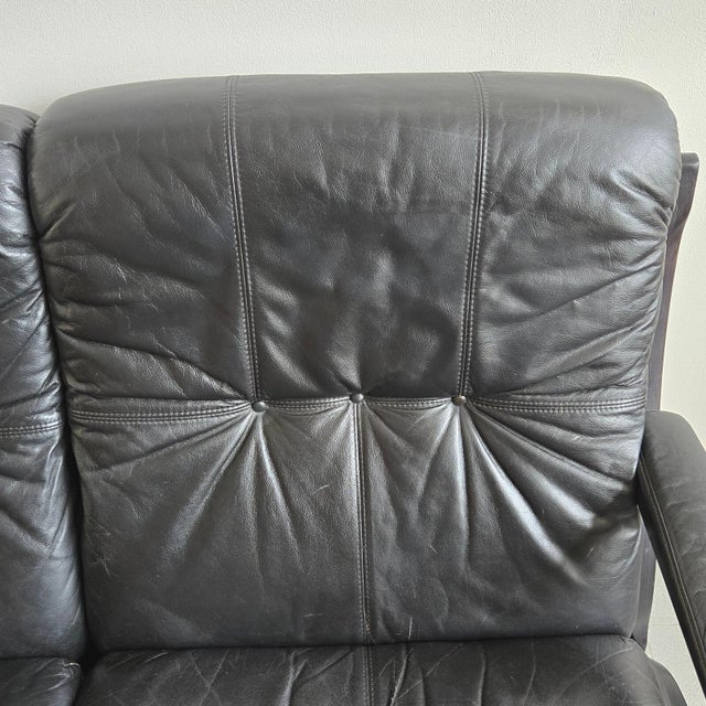 Vintage Scandinavian Two-Seater Sofa in Black Leather and Curved Wood, 1970s For Sale - Image 14 of 18