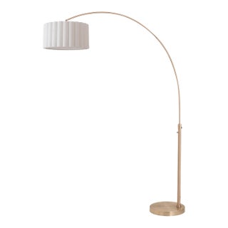 1960s Scallop 92" Arc Floor Lamp, Modern Weathered Brass Frame, White Linen Shade, Elegant Design For Sale