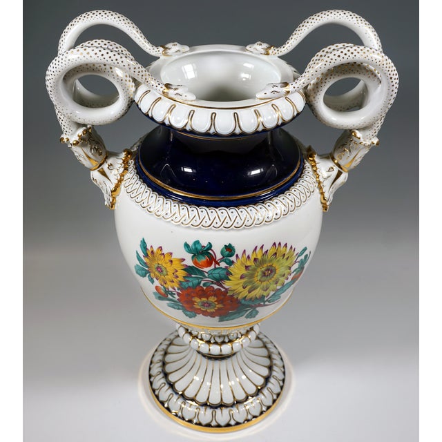 Rococo Meissen Snake Handle Vase with Flower Boquet Painting attributed to Leuteritz, 1880s For Sale - Image 3 of 11