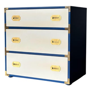 Blue & White Campaign Chest of Drawers With Brass Hardware, 1970s For Sale