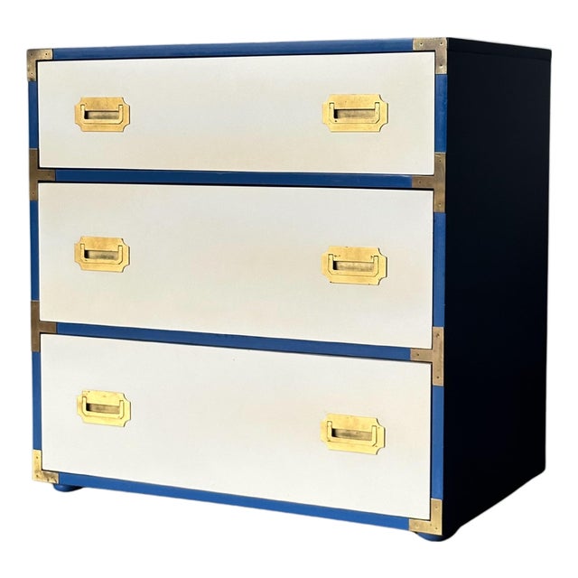 Blue & White Campaign Chest of Drawers With Brass Hardware, 1970s For Sale