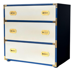 Blue & White Lacquered Campaign Chest of Drawers With Brass Hardware, 1970s