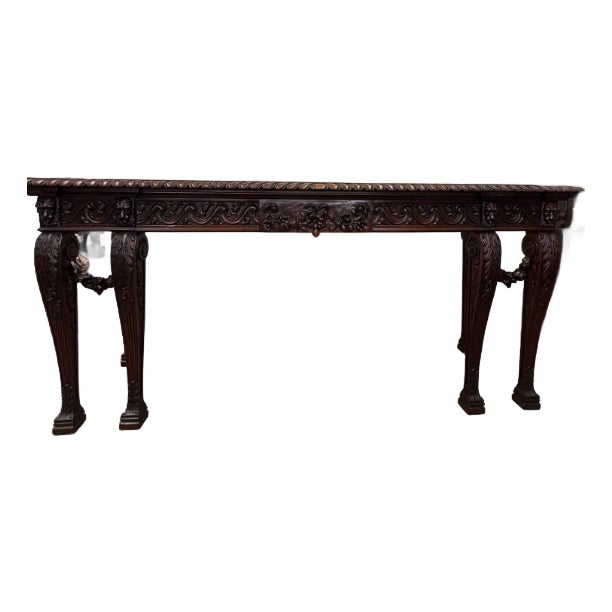 Regency Style Hand-Carved Mahogany & Walnut Console Table With Grotesque Mask Apron, Circa 1980 For Sale