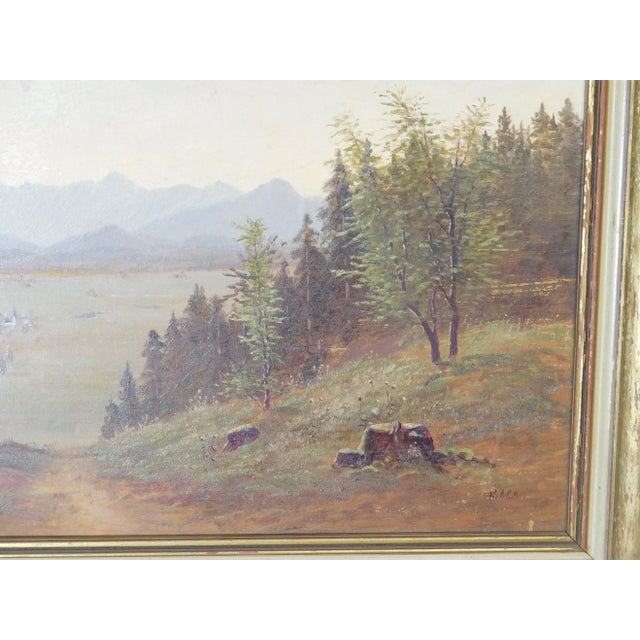 Green Mountain Valley Scene Framed Oil Painting On Board - Artist's Signature Illegible For Sale - Image 8 of 13