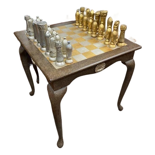 Vintage Style Chess Board Game Table, With 32 Matching Pieces, Silver Leaf + Gold Leaf For Sale
