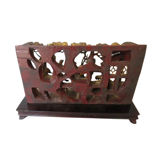 Wood Antique Chinese Qing Dynasty Giltwood Carved Warrior Battle Scene on Stand For Sale - Image 7 of 8