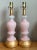 These vintage Murano table lamps pair softly opalescent pink blown-glass bodies with warm, circular wood bases and brass...