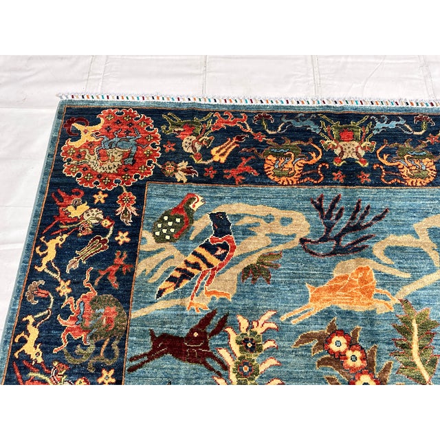 Textile Blue Afghan Pictorial Tree of Life Hand-Knotted Wool Rug - 9'9" X 6'7" For Sale - Image 7 of 17