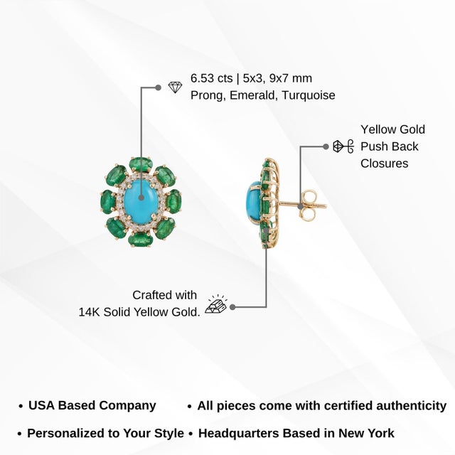 Retro 6.53ct Turquoise Emerald & Diamond Floral Stud Earrings in 14k Gold- 2 Pieces For Sale - Image 12 of 16
