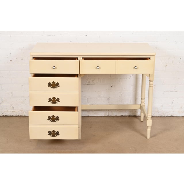 1970s Ethan Allen American Carved Cream Lacquered Solid Maple Writing Desk, Circa 1970s For Sale - Image 5 of 12