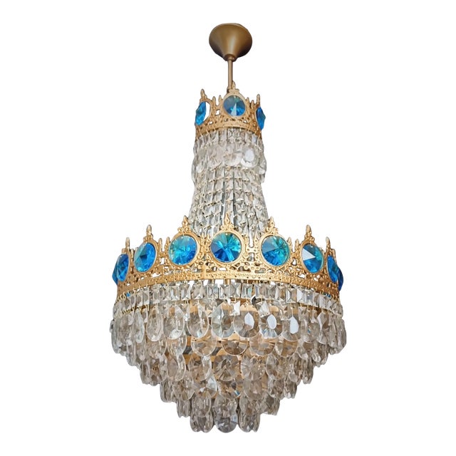 Vintage Brass Aqua Blue Crystal Chandelier For Sale