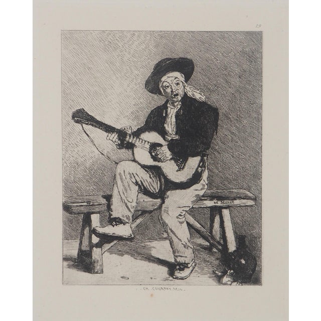 Edouard manet the spanish guitarist etching copper setting by courtry signed in the plate on laid 20.5 x 30 cm (c. 8 x 12...