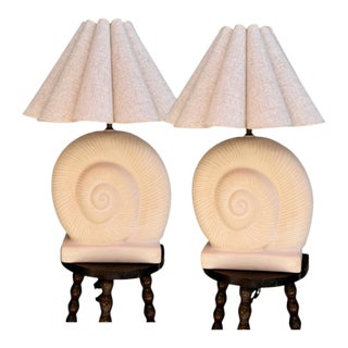 Vintage Pink Plaster Sculptural Nautilus Shell Table Lamps, a Pair — Hollywood Regency, Rewired For Sale