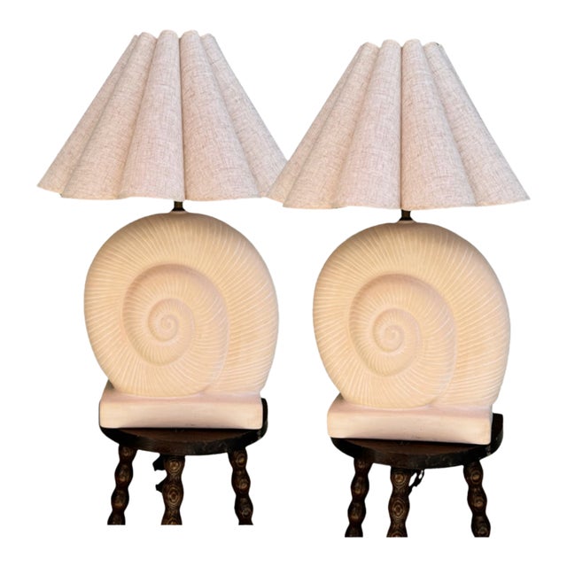 Vintage Pink Plaster Sculptural Nautilus Shell Table Lamps, a Pair — Hollywood Regency, Rewired For Sale