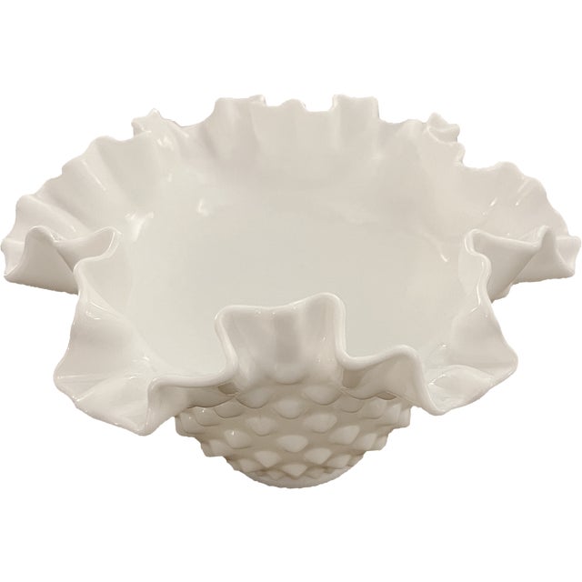 Fenton Art Glass Company Vintage Fenton Hobnail Ruffle Milk Glass Bowl Vase For Sale - Image 4 of 8