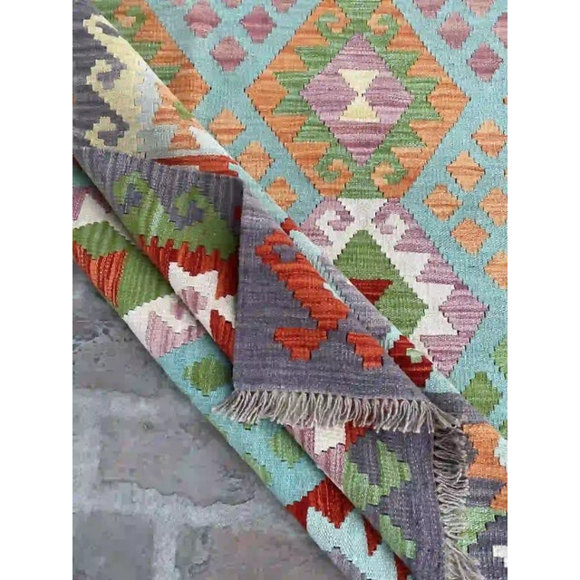 Beige Vibrant Afghan Kilim Rug With Geometric Patterns For Sale - Image 8 of 9