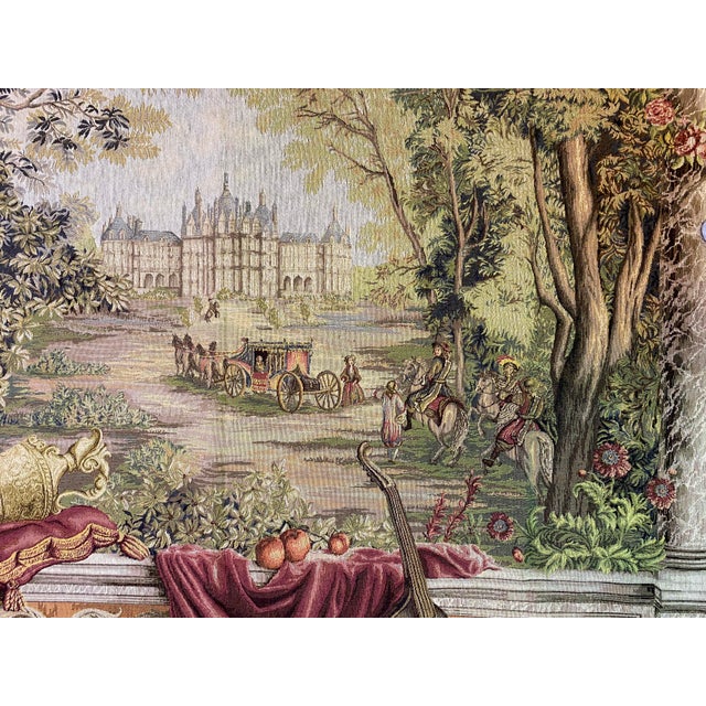 Early 20th Century French Château Landscape Jacquard Woven Tapestry With Carriage & Courtly Scene For Sale - Image 5 of 11