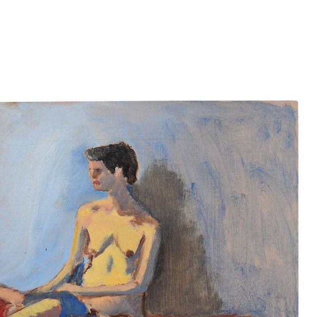 A beautiful portrait painting of a woman in the buff. She sits in repose against a blue background and red floor. A blue...
