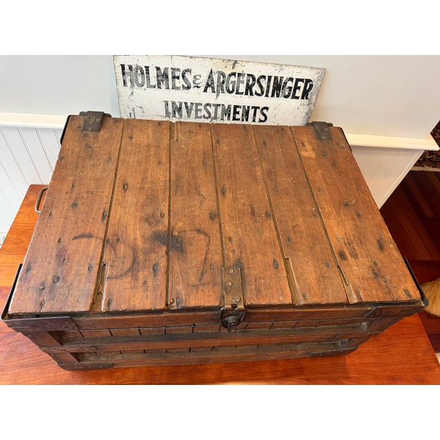 Antique First National Stores Wooden Shipping Crate With Lid – Wire Reinforced Grocery Transport Basket – Coffee Table Storage Chest For Sale - Image 18 of 18