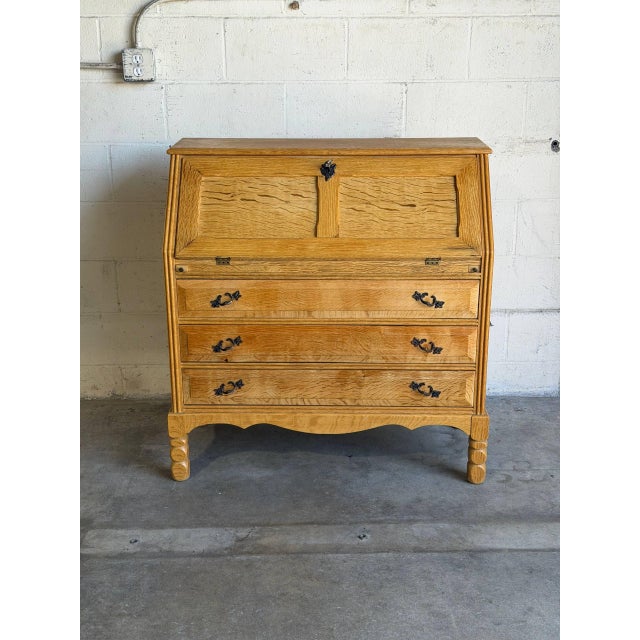 Mid-Century Modern Oak Secretary Bureau With Drop-Front Desk and 9 Drawers Denmark Mid-Century Modern 1970s For Sale - Image 3 of 11