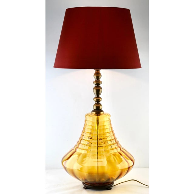 1940s Glass Table Lamp with Optical Vertical-Horizontal Ribs in Light Amber Tint from Empoli For Sale - Image 5 of 14