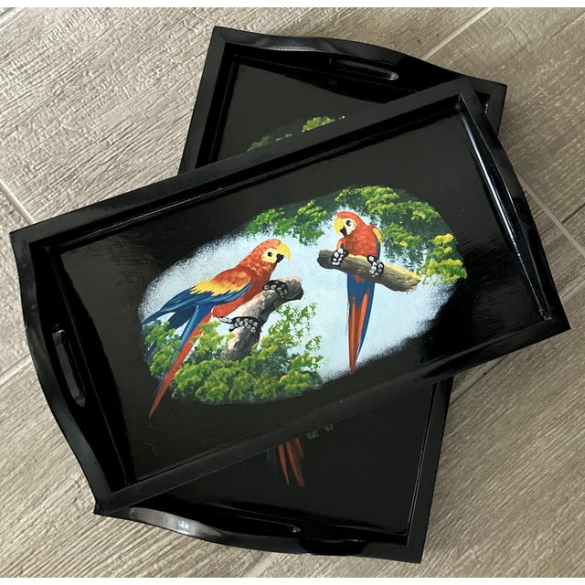 Folk Art Late 20th-Century Wooden Black Lacquered Tiki-Style Hand Painted Parrot Motif Nested Trays - A Pair For Sale - Image 3 of 18