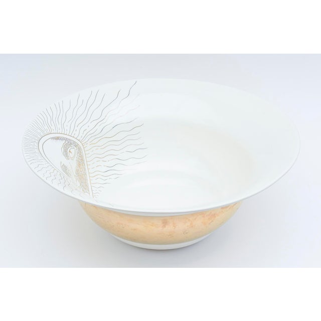 Metal 1990's Signed Large Artisan Ceramic Bowl With Gold Band and Sun Face Fornasetti Style For Sale - Image 7 of 11