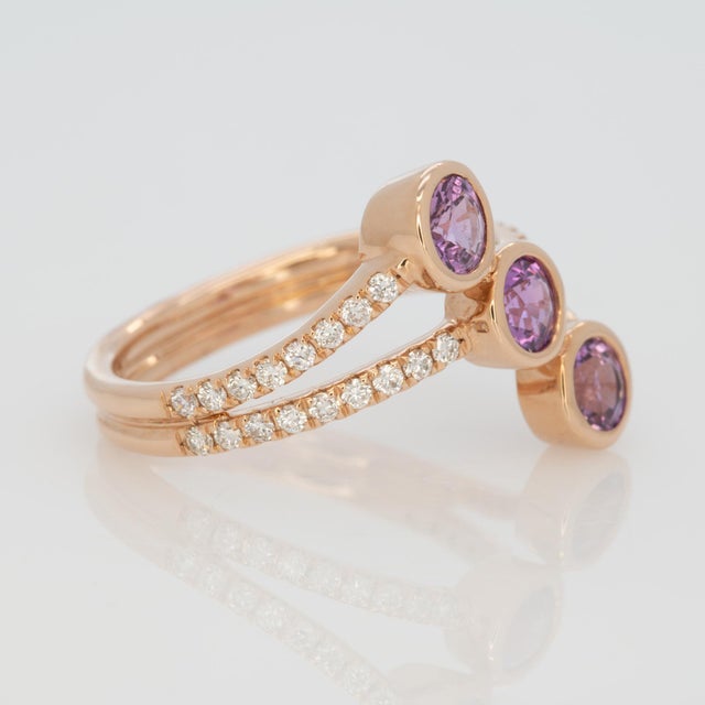 2.1Ct Purple Sapphire Three-Stone Wrap Ring With Diamond Accents: Solid 14k Gold, Size 6.75 For Sale In Columbus - Image 6 of 8
