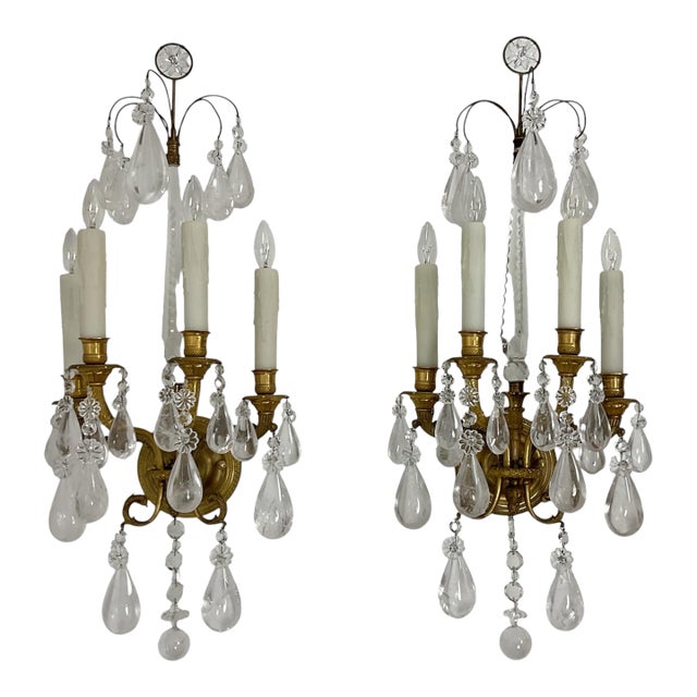 Late 19th Century Electrified French Bronze Wall Sconces With Rock Crystal - a Pair For Sale