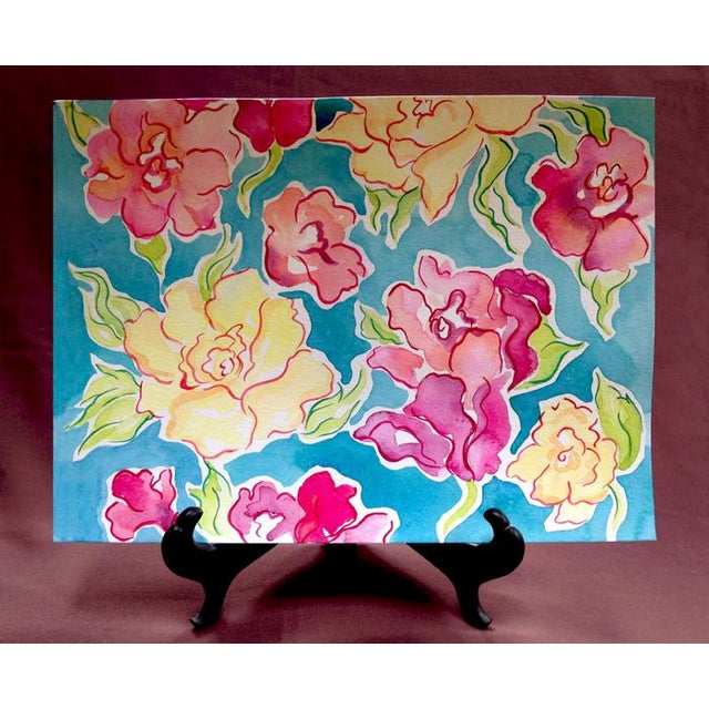 Lively and colorful floral painting with a Bloomsbury look by artist Kathleen Ney. A contemporary whimsical interpretation...