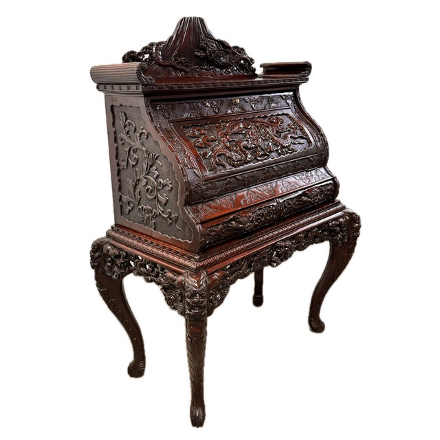 Heavily Carved Asian Secretary Desk With Volcanos and Dragons. Two part secretary desk: table or bench base with secretary...