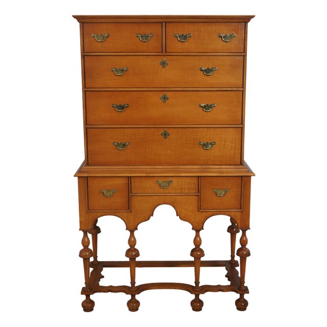Baker Tiger Maple William & Mary Highboy Chest of Drawers For Sale