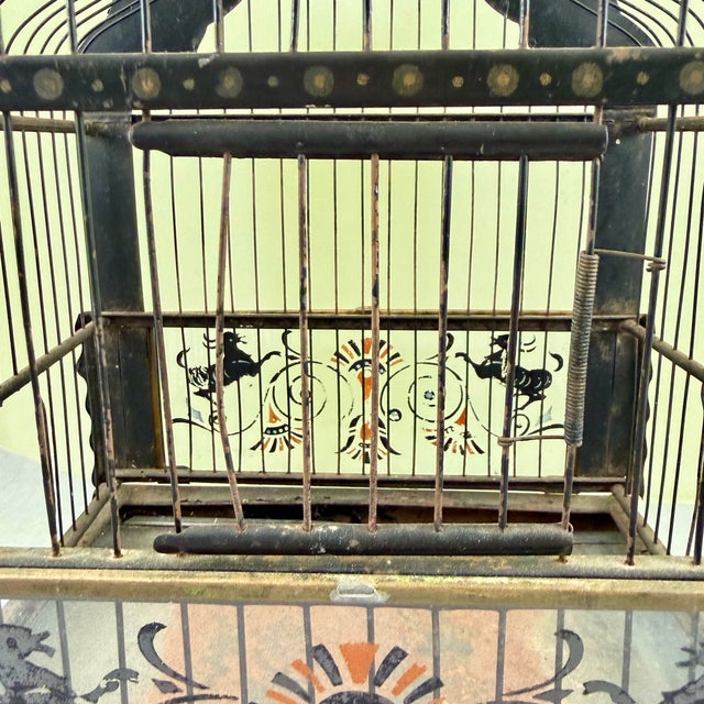 Art Nouveau Black Japanned Metal Bird Cage, Hand-Painted, Circa 1900-1920 For Sale - Image 10 of 16