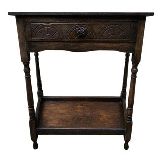Antique Oak Hall Side Table with Trapezoid Top and Turned Legs, 1900 For Sale