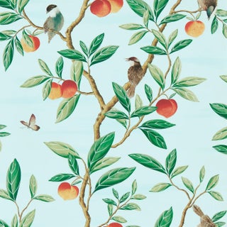 Harlequin Ella Wallpaper in Sky/Fig Leaf/ Nectarine - a Sample For Sale