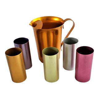 Vintage Mid-Century Modern Anodized Aluminum Pitcher, 5 Tumblers 6 Pcs For Sale
