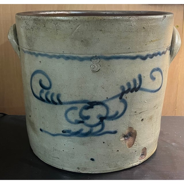 American Antique 19th Century American Stoneware Crock or Jardiniere With Blue Eagle Folk Art Decoration For Sale - Image 3 of 12