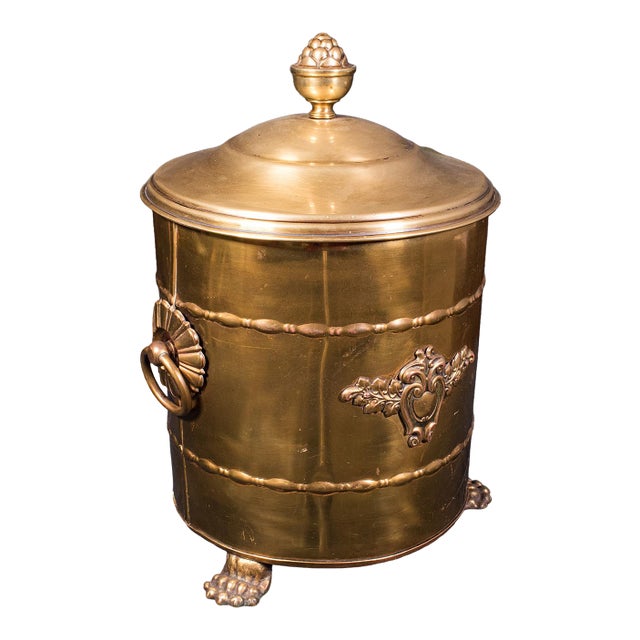 Antique Coal Bin, English, Brass, Fireside Log Store, Kindling Basket, Edwardian For Sale