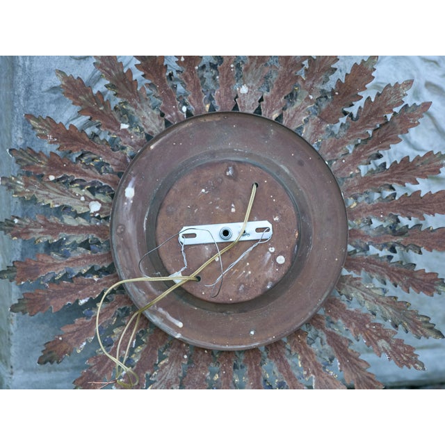 Mid-Century Modern Mid 20th century Spanish Gilt Metal Semi-Flush Sunburst Light Fixture with Star Motifs For Sale - Image 3 of 12