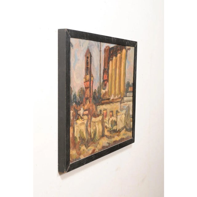 An original abstract landscape oil painting, in wooden frame, from the mid 20th century. This mid-century wall art is an...