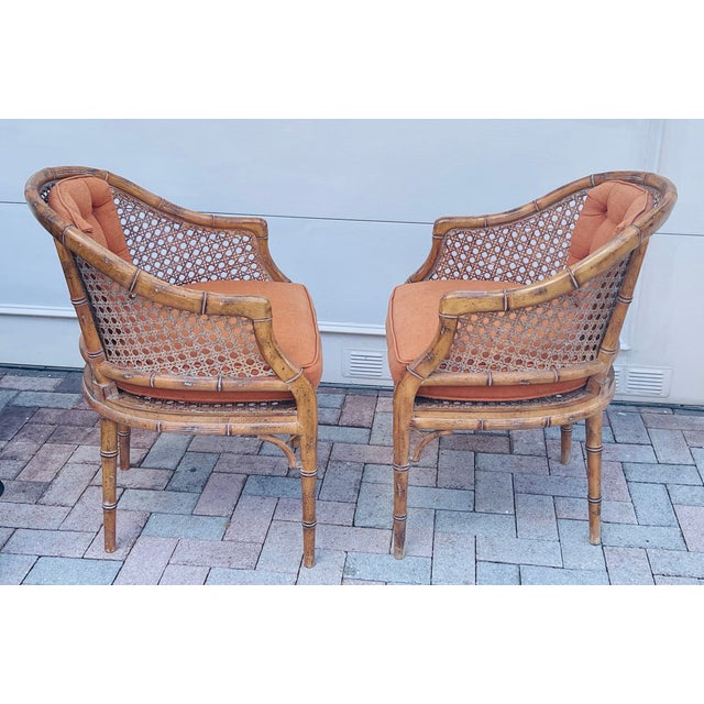Hollywood Regency Vintage Faux Bamboo Caned Barrel Armchairs Pair McGuire Style For Sale - Image 3 of 5