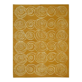 9x12 Yellow Flat Weave Wool Golden Rose Swirl Vintage Mid Century Carpet Rug For Sale
