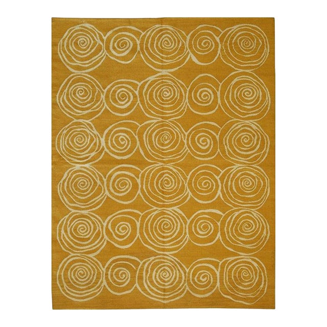 9x12 Yellow Flat Weave Wool Golden Rose Swirl Vintage Mid Century Carpet Rug For Sale